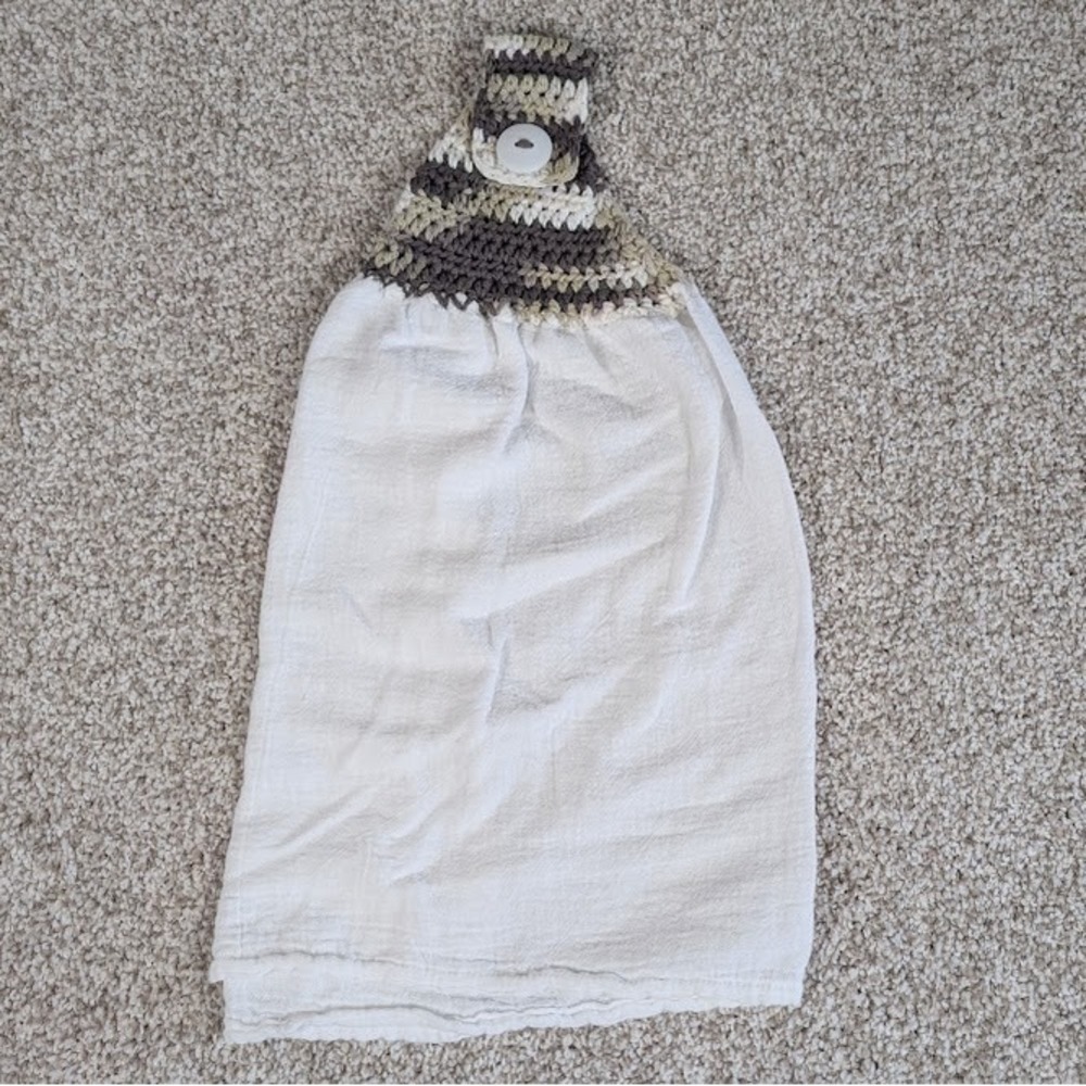 Crocheted‎ Hanging Kitchen Towel with Button Closure - Brown and White